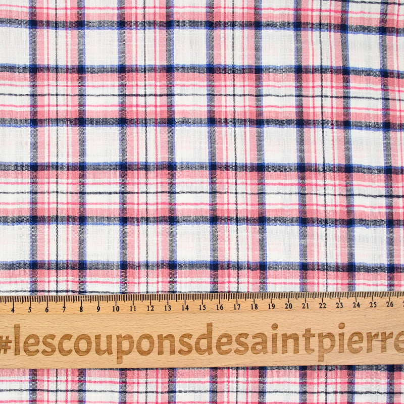 Viscose tissée teint carreaux rouge, noir et bleu fond blanc