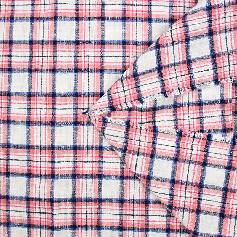 Viscose tissée teint carreaux rouge, noir et bleu fond blanc