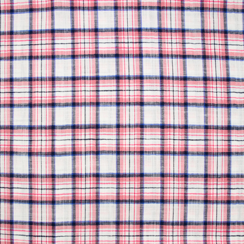 Viscose tissée teint carreaux rouge, noir et bleu fond blanc