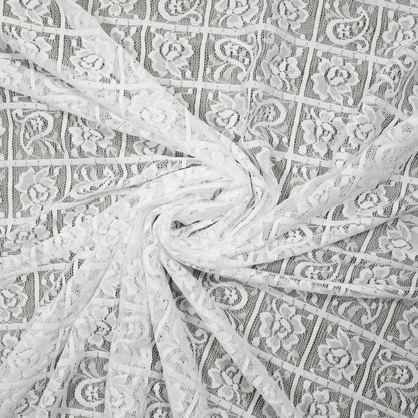Dentelle polyester géométrie de fleurs fond blanc