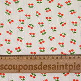 Jersey pointelle coton imprimé cerise fond blanc cassé