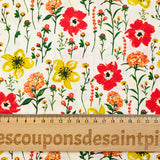 Popeline de coton imprimée bucolique rouge et jaune fond blanc