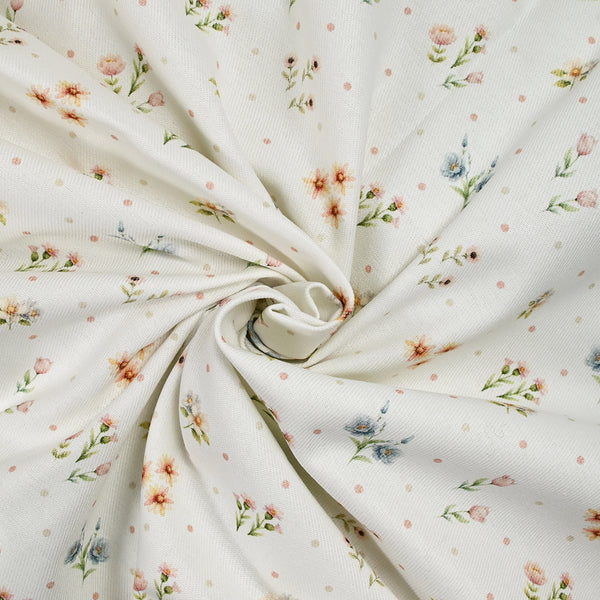 Coton imprimé champêtre et pois fond écru