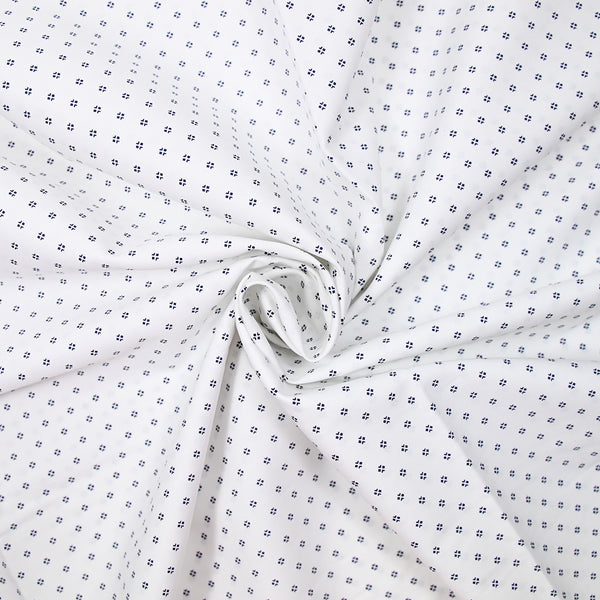 Coton imprimé signe géométrique bleu marine fond blanc cassé