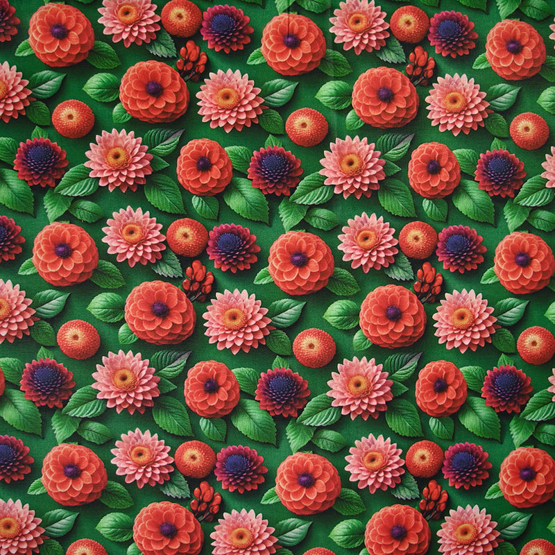 Coton imprimé fleurs trompe l'oeil fond vert