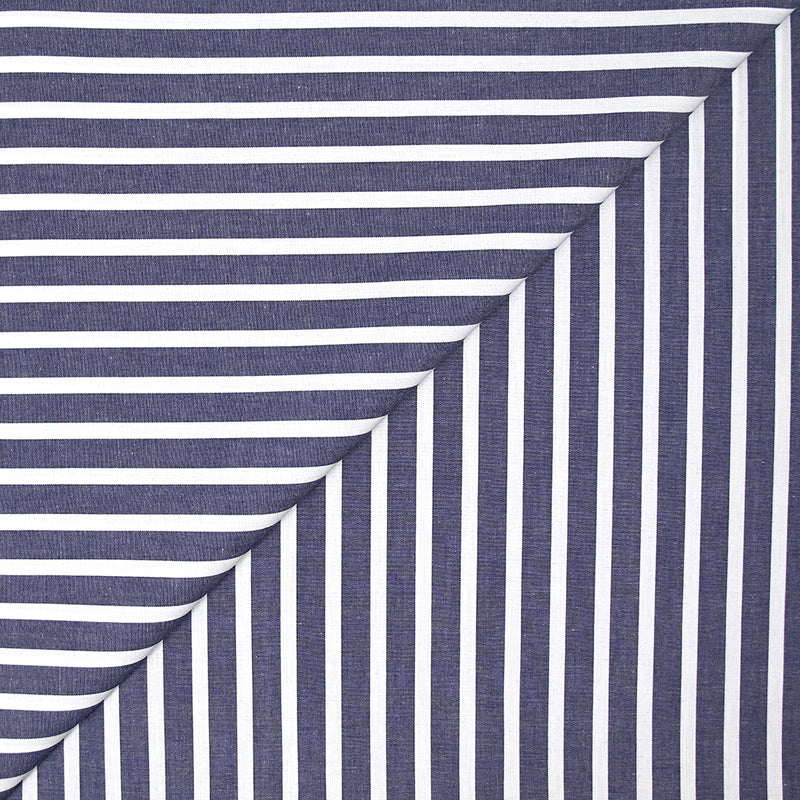 Coton tissé teint rayure large bleue marine fond blanc