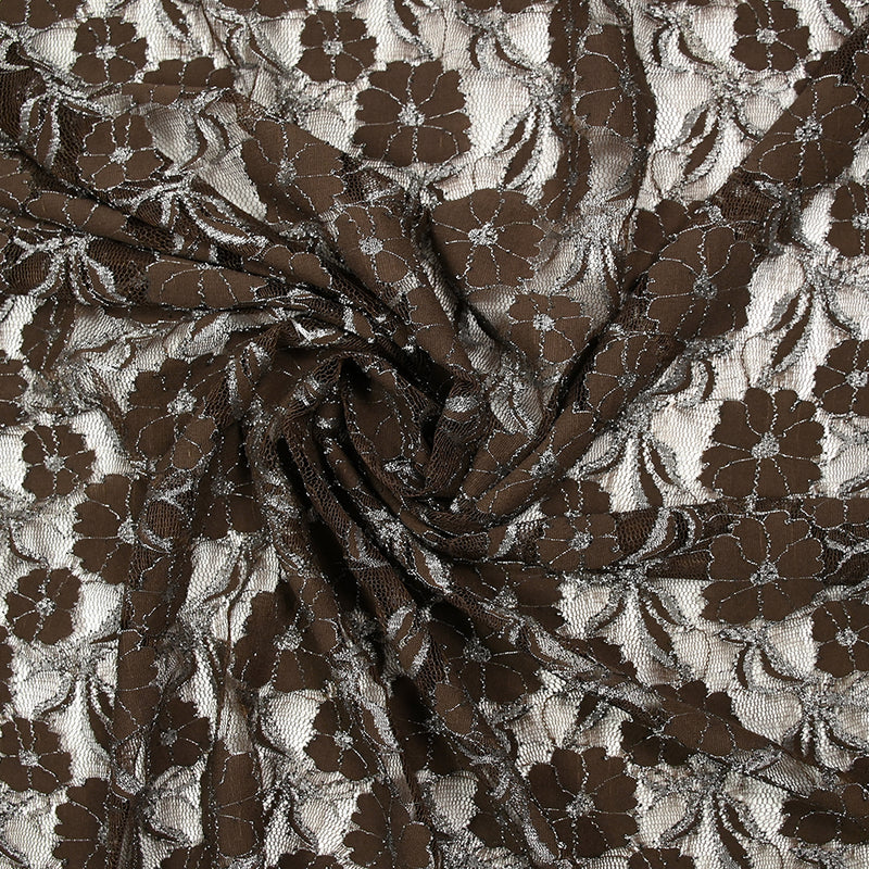 Dentelle polyester Martha métallisé argent fond marron