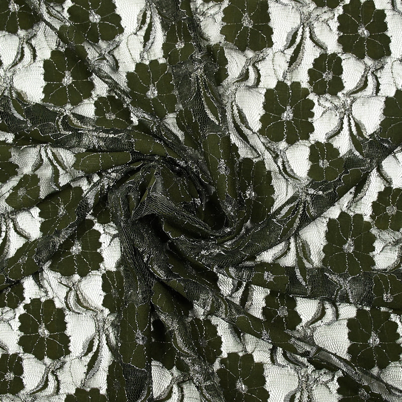 Dentelle polyester Martha métallisé argent fond kaki