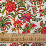 Popeline de coton imprimée floral exotique rouge et vert fond blanc