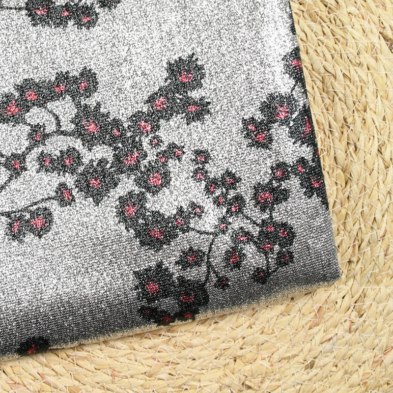 Lamé Silver Jersey Printed Red and Black Sakura Flower