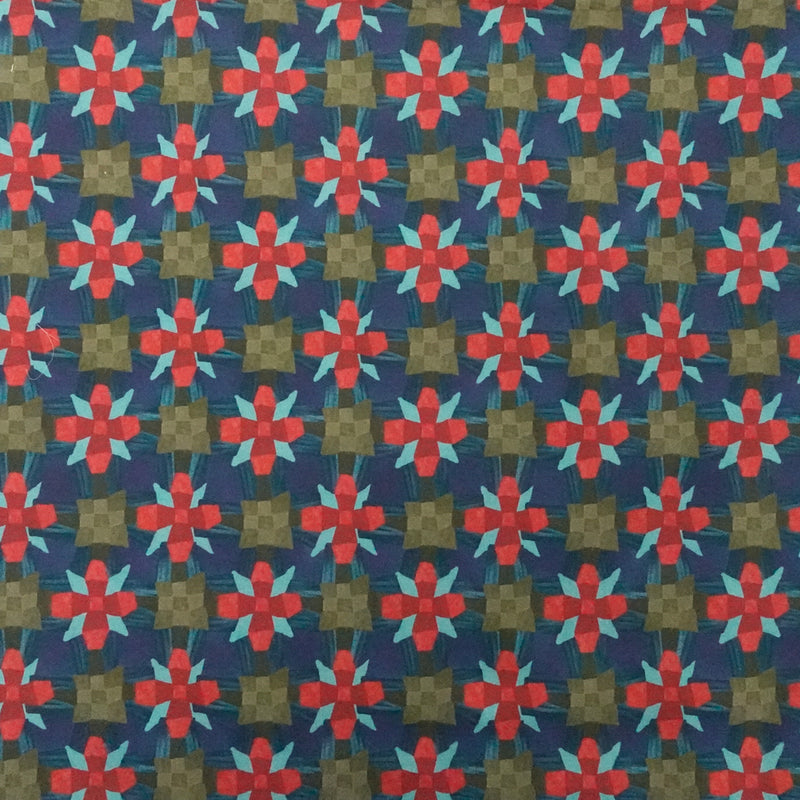Coton imprimé origami kaki et rouge fond bleu