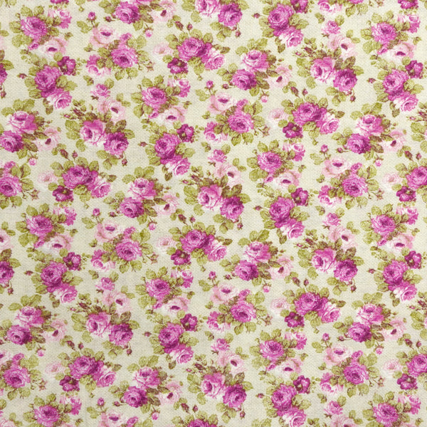 Polycoton imprimé champêtre petites fleurs violettes fond beige