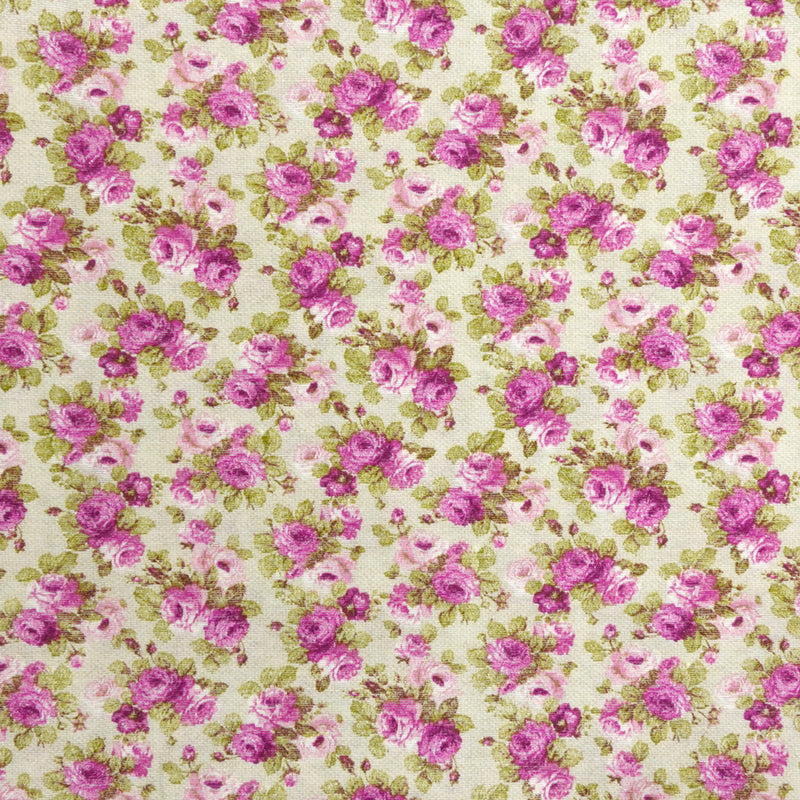 Polycoton imprimé champêtre petites fleurs violettes fond beige