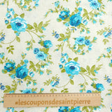 Polycoton imprimé champêtre fleurs moyenne bleu fond beige