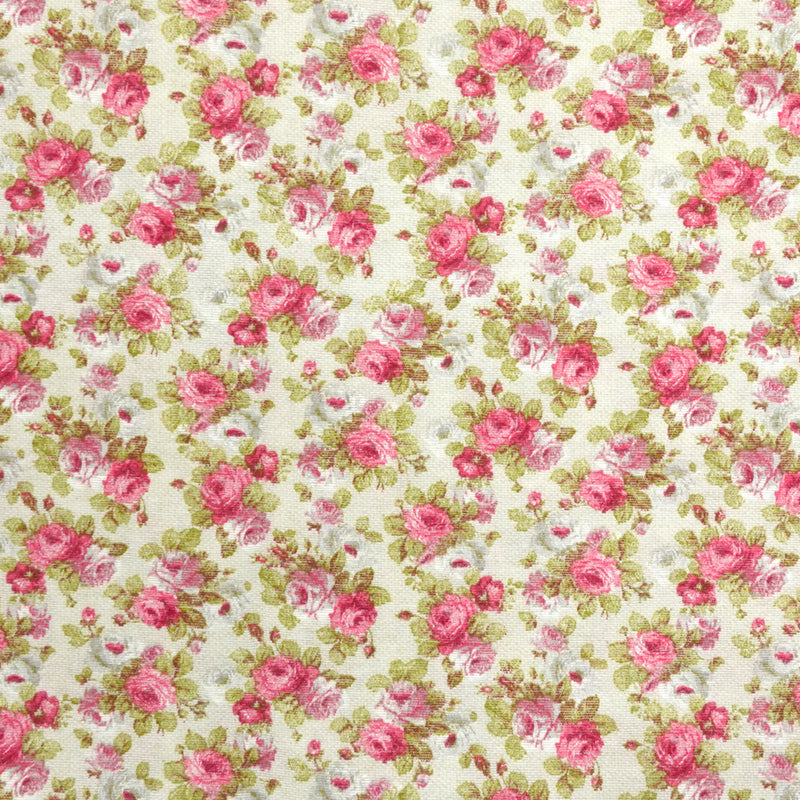 Polycoton imprimé champêtre petites fleurs fuschia fond beige