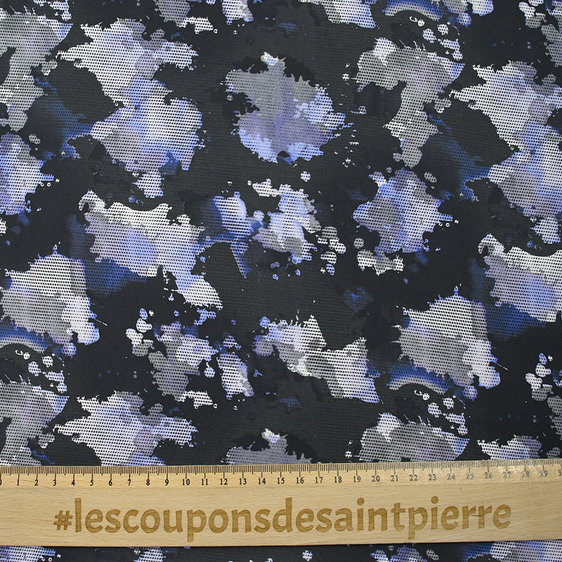 Sergé de coton imprimé vitalité bleu et gris fond noir