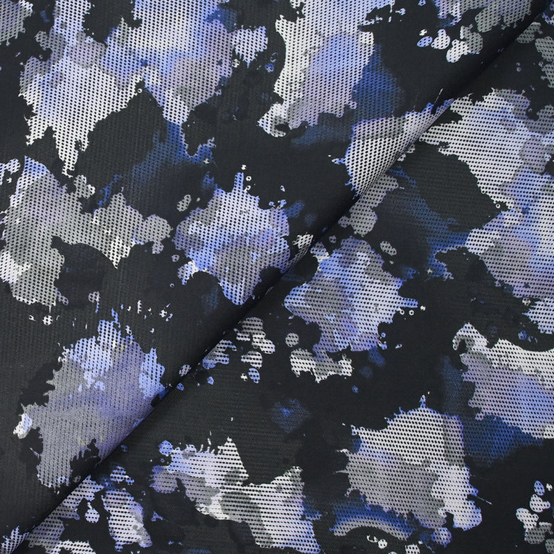 Sergé de coton imprimé vitalité bleu et gris fond noir