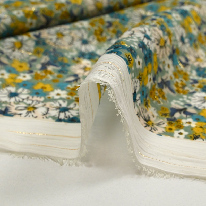 Mousseline crinkle imprimée lurex prairie fleurie canard fond sauge