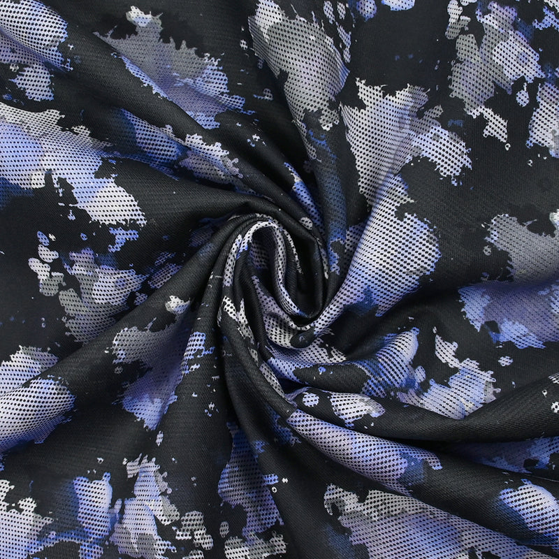 Sergé de coton imprimé vitalité bleu et gris fond noir