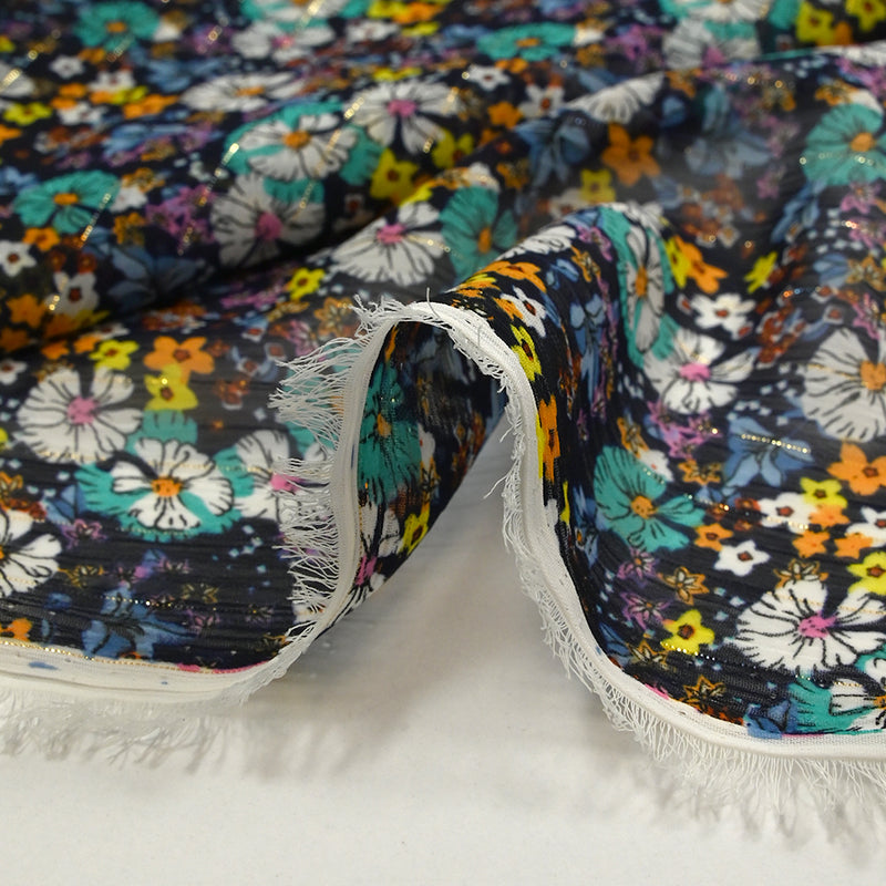 Mousseline crinkle imprimée lurex prairie fleurie turquoise fond marine