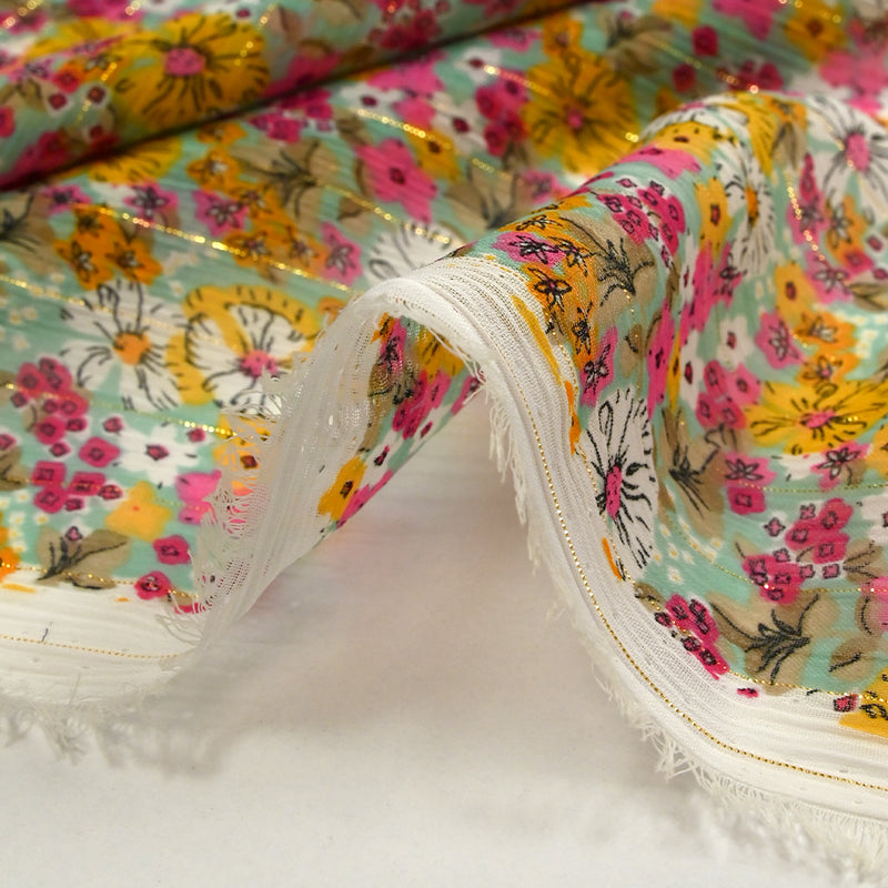 Mousseline crinkle imprimée lurex prairie fleurie rose fond vert d'eau