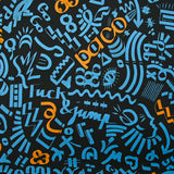 Satin de coton léger imprimé graffitis bleu et orange fond noir