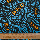 Satin de coton léger imprimé graffitis bleu et orange fond noir