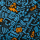 Satin de coton léger imprimé graffitis bleu et orange fond noir