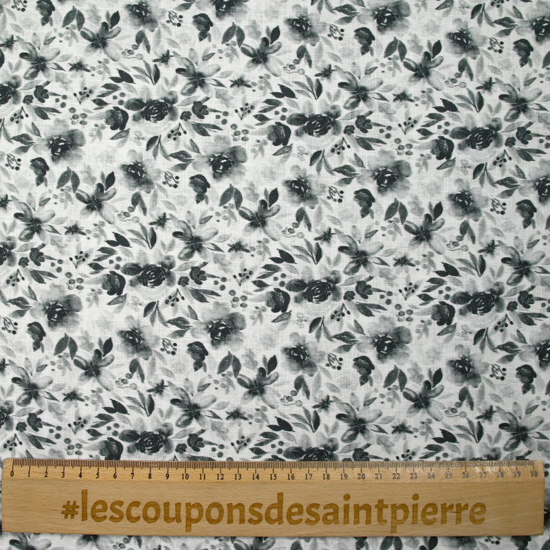 Coton tissé aspect lin imprimé fleurs en aquarelle gris fond blanc