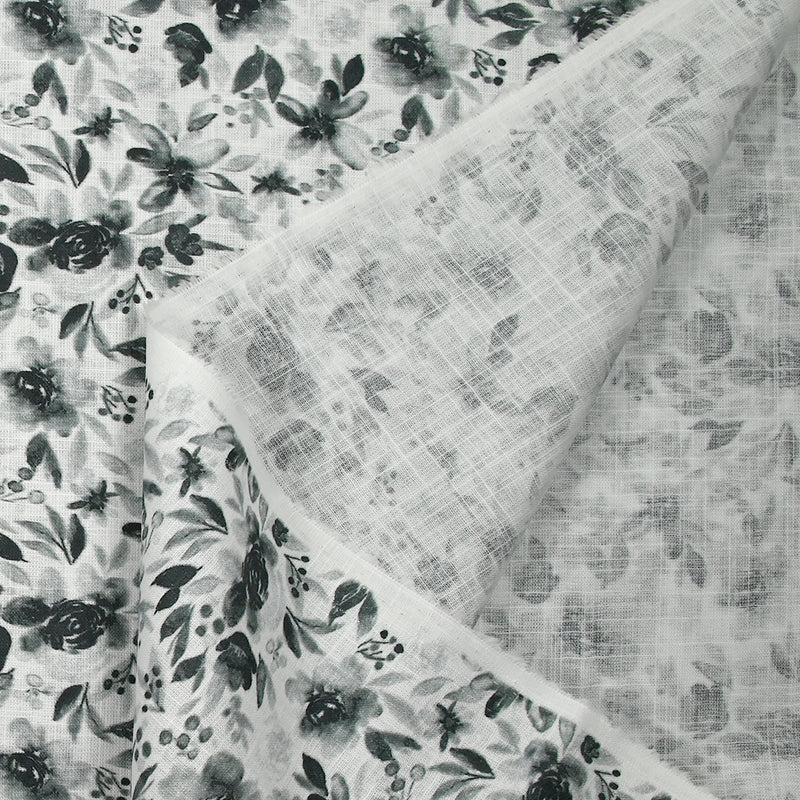 Coton tissé aspect lin imprimé fleurs en aquarelle gris fond blanc