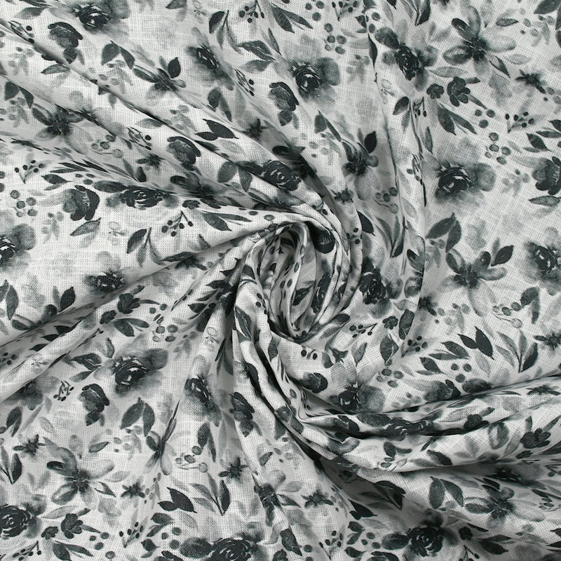 Coton tissé aspect lin imprimé fleurs en aquarelle gris fond blanc