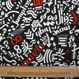 Satin de coton léger imprimé graffitis blanc et rouge fond noir