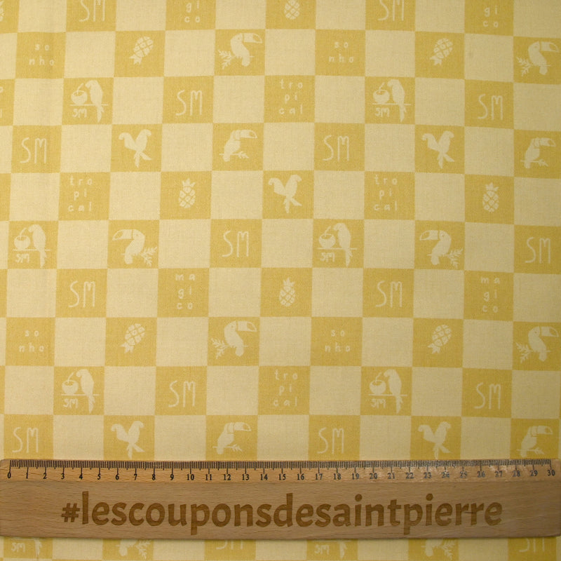 Sergé de coton imprimé damier tropical jaune pâle et moutarde