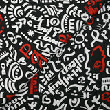 Satin de coton léger imprimé graffitis blanc et rouge fond noir