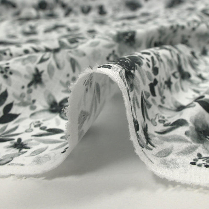 Coton tissé aspect lin imprimé fleurs en aquarelle gris fond blanc