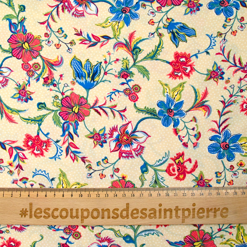 Viscose imprimée liane de fleurs bleu fond sable