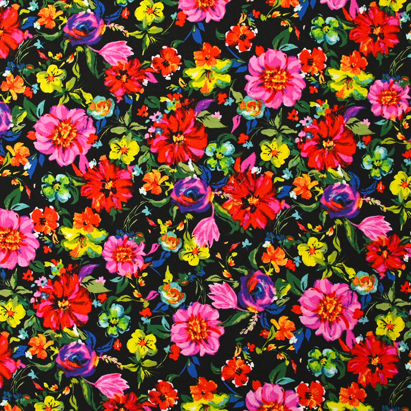 Viscose imprimée fleurs multicolore fond noir