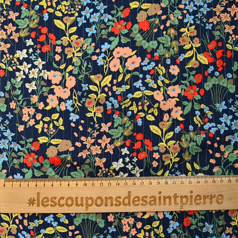 Crépon viscose rayé lurex argent botanique fond marine