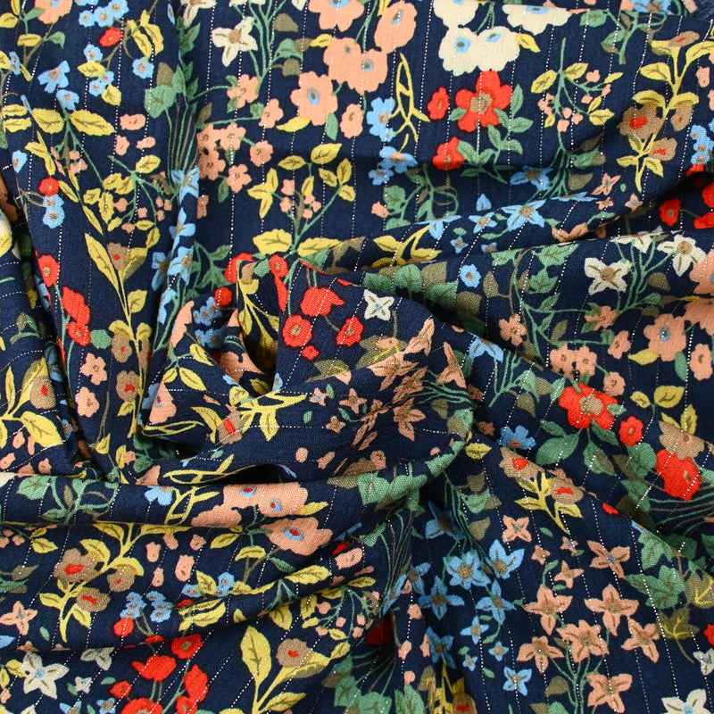 Crépon viscose rayé lurex argent botanique fond marine