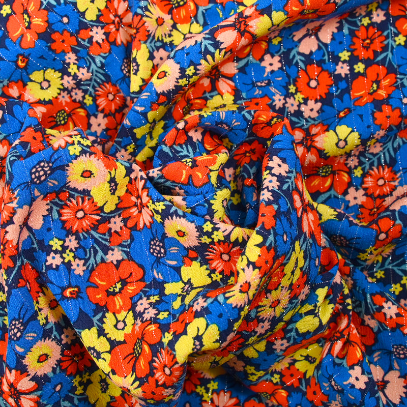 Crépon viscose rayé lurex argent Camellia bleu et rouge fond marine