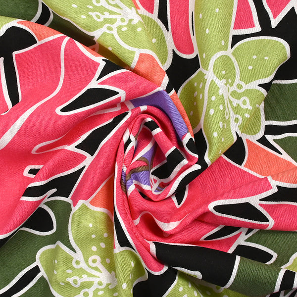 Lin viscose imprimé jardin tropical rose corail fond noir