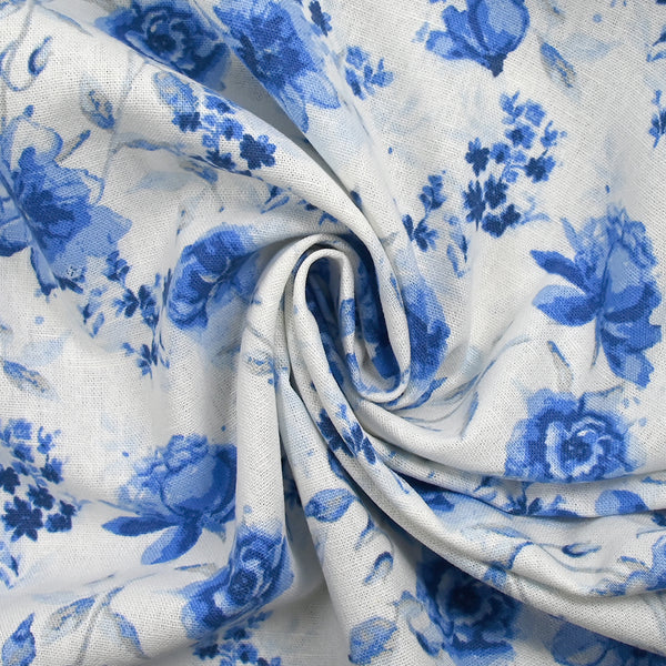 Lin viscose imprimé aquarelle fleurie bleue fond blanc cassé