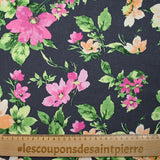Lin viscose imprimé printemps fleuri fond bleu ardoise foncé