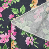 Lin viscose imprimé printemps fleuri fond bleu ardoise foncé