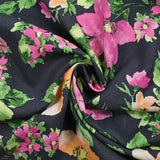 Lin viscose imprimé printemps fleuri fond bleu ardoise foncé