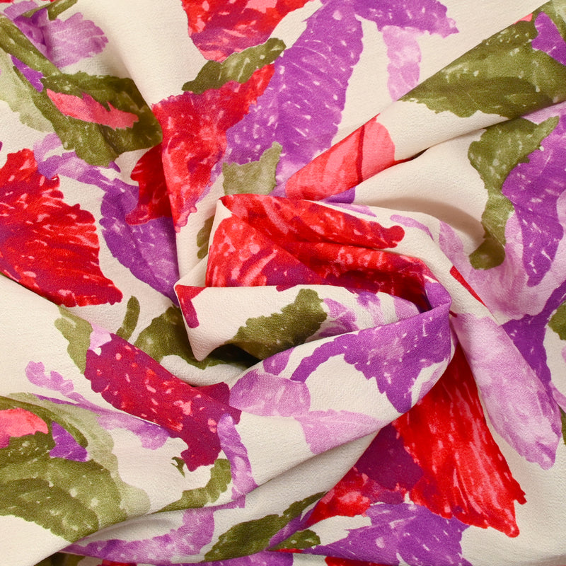 Crêpe polyviscose imprimé fleurs stylisées fond écru
