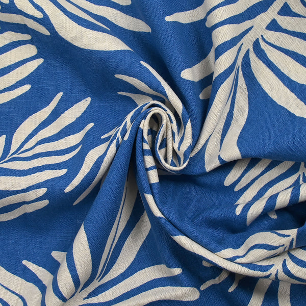 Lin viscose imprimé feuille envolée écrue fond bleu
