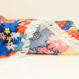 Crépon viscose rayé lurex argent Camellia bleu et rouge fond marine