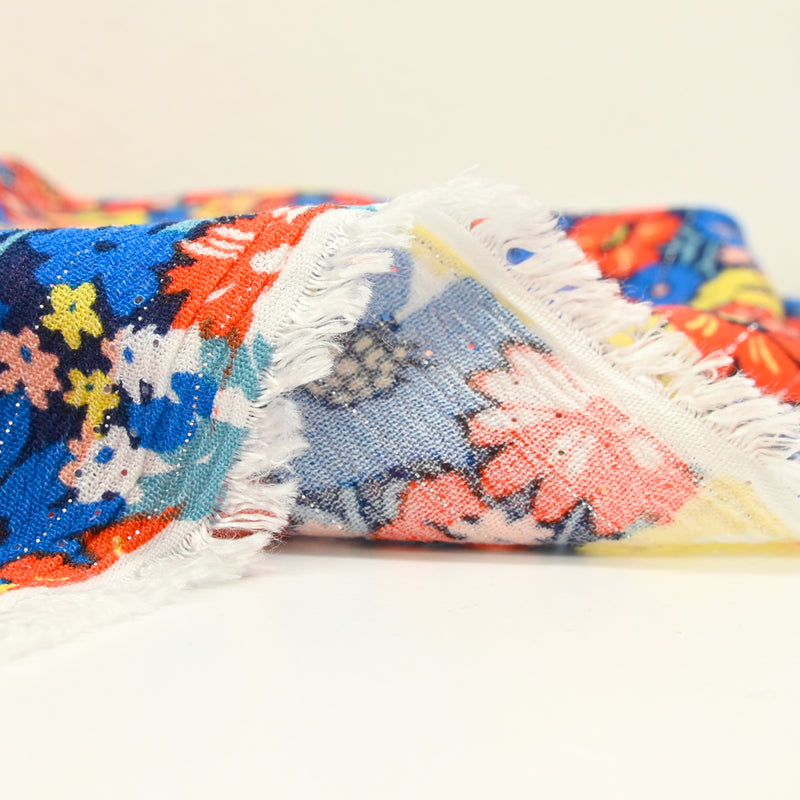 Crépon viscose rayé lurex argent Camellia bleu et rouge fond marine