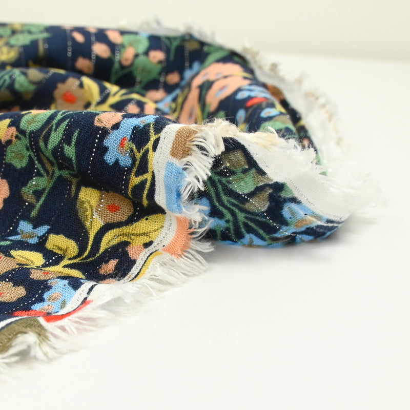 Crépon viscose rayé lurex argent botanique fond marine